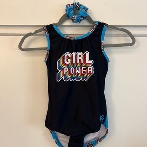 KB- Girl Power Blue Open Back Gymnastics Leotard Size 10/11 - matching scrunchie